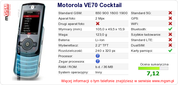 Dane telefonu Motorola VE70 Cocktail