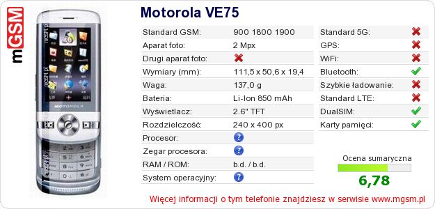 Dane telefonu Motorola VE75 Dane telefonu Motorola VE75