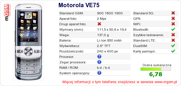 Dane telefonu Motorola VE75 Dane telefonu Motorola VE75