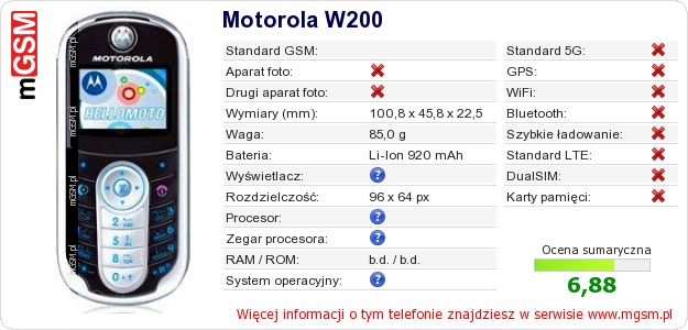 Dane telefonu Motorola W200 Dane telefonu Motorola W200