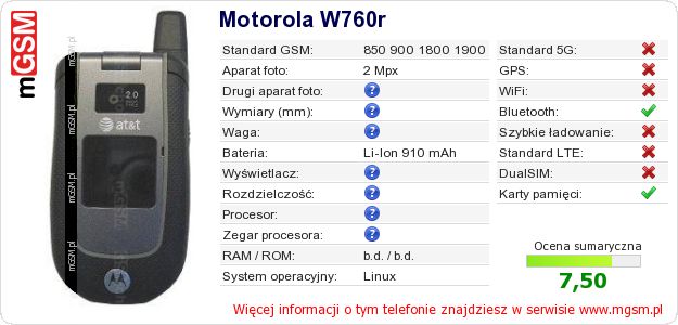Dane telefonu Motorola W760r Dane telefonu Motorola W760r