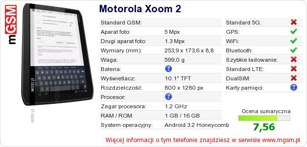 Dane telefonu Motorola Xoom 2 Dane telefonu Motorola Xoom 2