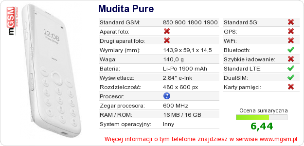Dane telefonu Mudita Pure