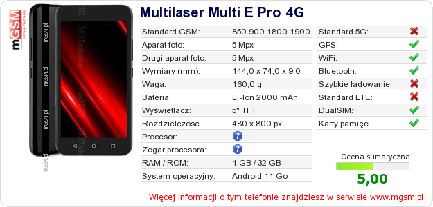 Dane telefonu Multilaser Multi E Pro 4G