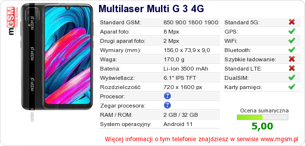 Dane telefonu Multilaser Multi G 3 4G Dane telefonu Multilaser Multi G 3 4G