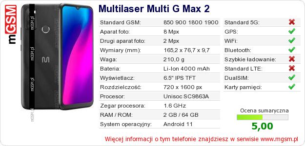 Dane telefonu Multilaser Multi G Max 2