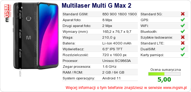 Dane telefonu Multilaser Multi G Max 2 Dane telefonu Multilaser Multi G Max 2