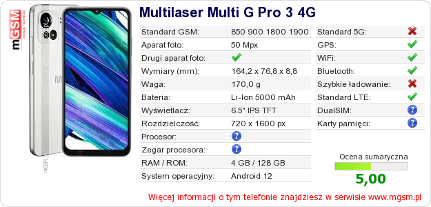Dane telefonu Multilaser Multi G Pro 3 4G