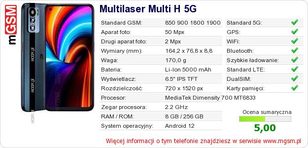 Dane telefonu Multilaser Multi H 5G