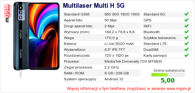 Dane telefonu Multilaser Multi H 5G