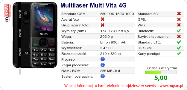 Dane telefonu Multilaser Multi Vita 4G