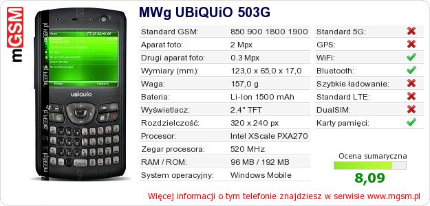 Dane telefonu MWg UBiQUiO 503G