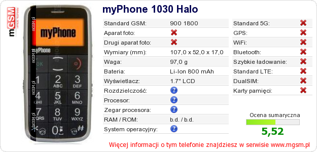 Dane telefonu myPhone 1030 Halo Dane telefonu myPhone 1030 Halo