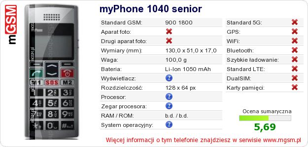 Dane telefonu myPhone 1040 senior