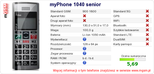 Dane telefonu myPhone 1040 senior