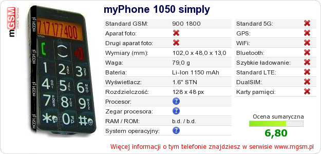 Dane telefonu myPhone 1050 simply