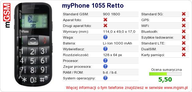 Dane telefonu myPhone 1055 Retto