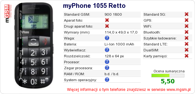 Dane telefonu myPhone 1055 Retto