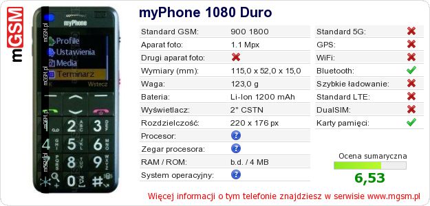 Dane telefonu myPhone 1080 Duro Dane telefonu myPhone 1080 Duro
