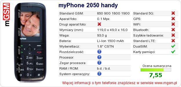 Dane telefonu myPhone 2050 handy