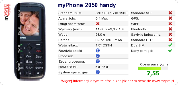 Dane telefonu myPhone 2050 handy