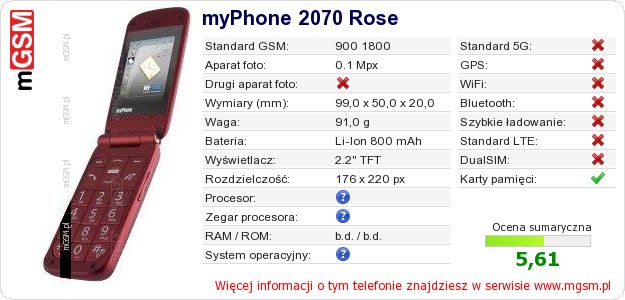 Dane telefonu myPhone 2070 Rose Dane telefonu myPhone 2070 Rose