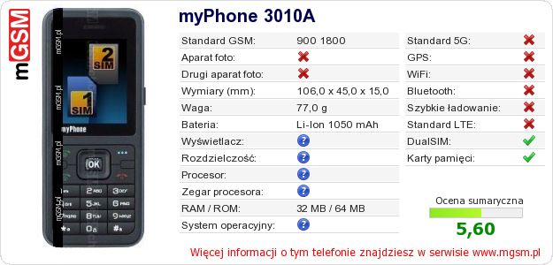 Dane telefonu myPhone 3010A Dane telefonu myPhone 3010A