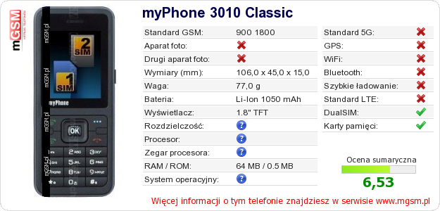 Dane telefonu myPhone 3010 Classic