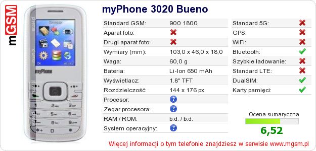 Dane telefonu myPhone 3020 Bueno