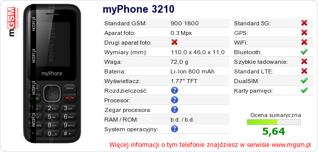 Dane telefonu myPhone 3210