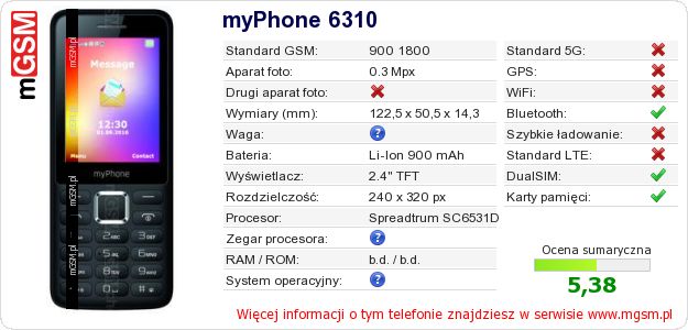 Dane telefonu myPhone 6310