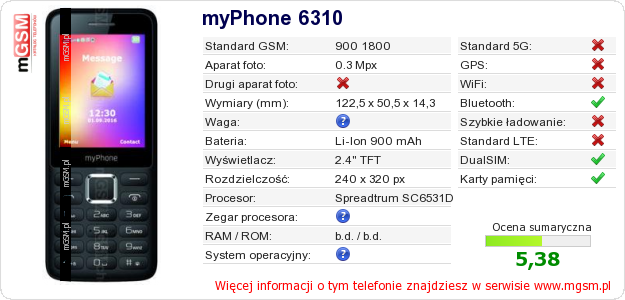 Dane telefonu myPhone 6310