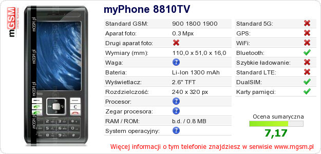 Dane telefonu myPhone 8810TV