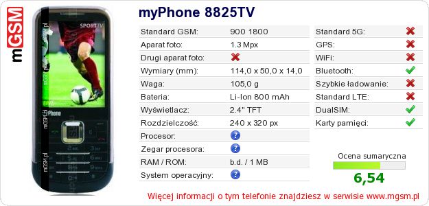 Dane telefonu myPhone 8825TV
