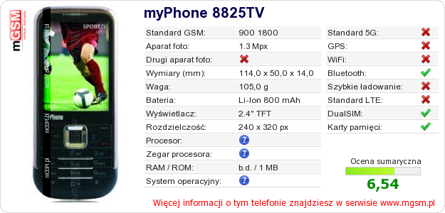 Dane telefonu myPhone 8825TV