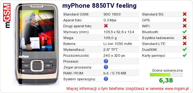 Dane telefonu myPhone 8850TV feeling