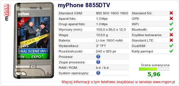 Dane telefonu myPhone 8855DTV Dane telefonu myPhone 8855DTV