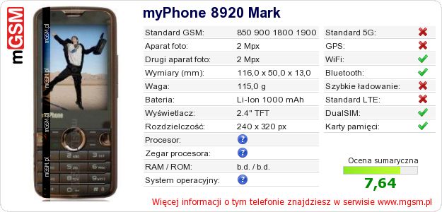 Dane telefonu myPhone 8920 Mark Dane telefonu myPhone 8920 Mark