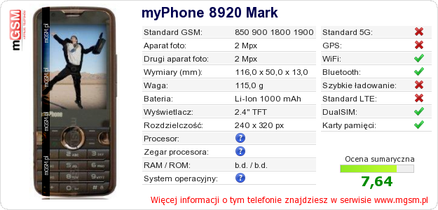 Dane telefonu myPhone 8920 Mark