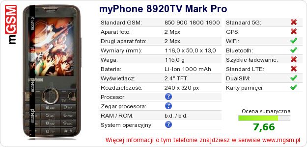 Dane telefonu myPhone 8920TV Mark Pro