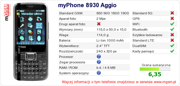 Dane telefonu myPhone 8930 Aggio Dane telefonu myPhone 8930 Aggio