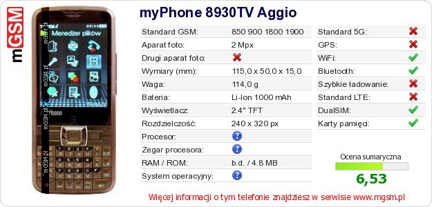 Dane telefonu myPhone 8930TV Aggio Dane telefonu myPhone 8930TV Aggio