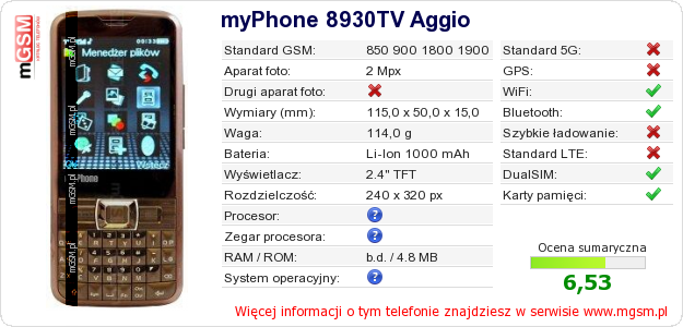 Dane telefonu myPhone 8930TV Aggio