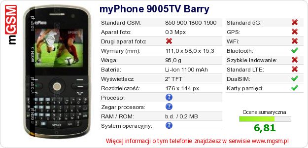 Dane telefonu myPhone 9005TV Barry Dane telefonu myPhone 9005TV Barry