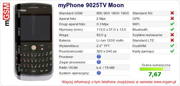 Dane telefonu myPhone 9025TV Moon Dane telefonu myPhone 9025TV Moon