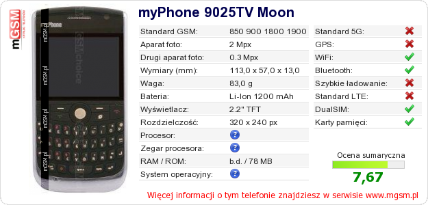 Dane telefonu myPhone 9025TV Moon