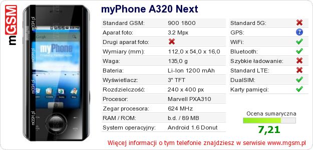 Dane telefonu myPhone A320 Next Dane telefonu myPhone A320 Next