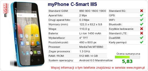 Dane telefonu myPhone C-Smart IIIS