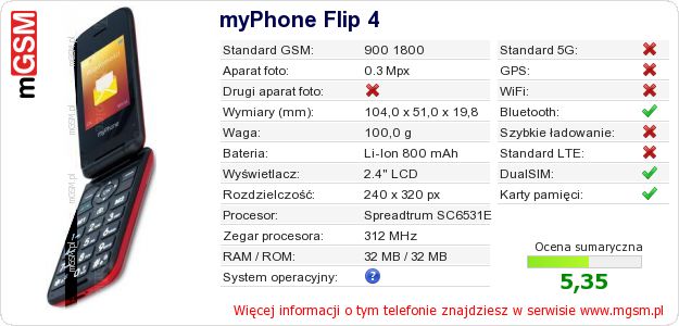 Dane telefonu myPhone Flip 4