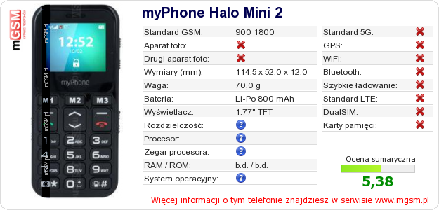 Dane telefonu myPhone Halo Mini 2